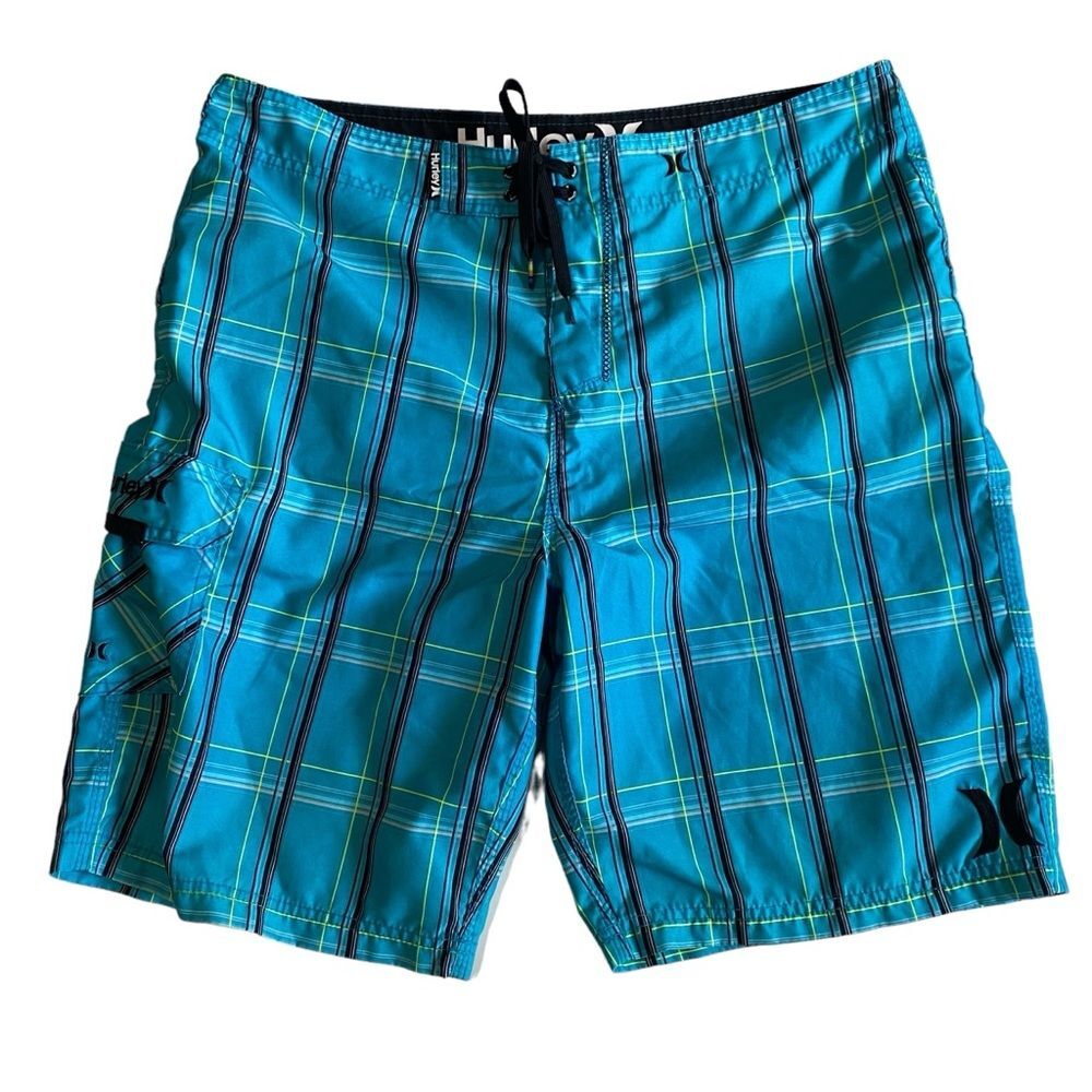Hurley Teal Plaid Boardshorts Sz 36